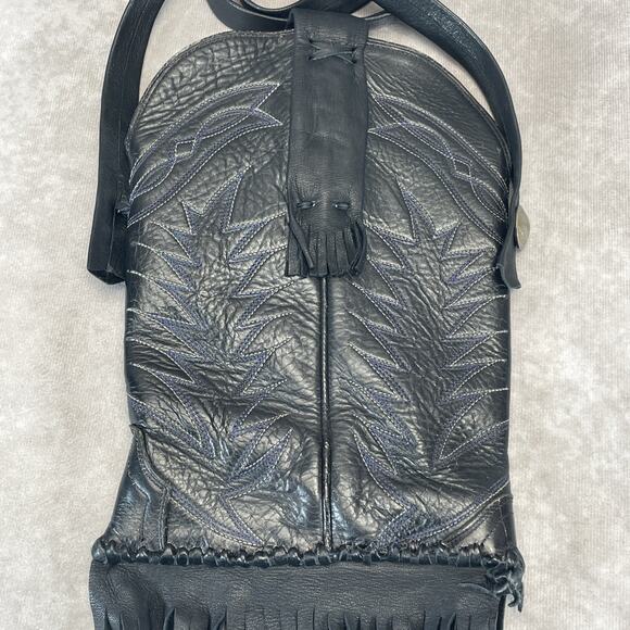Vtg Black Leather Western Boot Fringe Crossbody Purse Indian Coin Blue Stitching - Picture 8 of 12